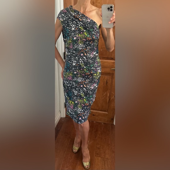 Rachel Roy Women One Shoulder Midi Dress Black w Color Splashes (M) - Picture 2 of 13